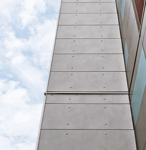 Nichiha-Concrete-EmpireBlock-Commercial, Column of a commercial building that shows Nichiha&rsquo;s dimpled concrete series panel EmpireBlock