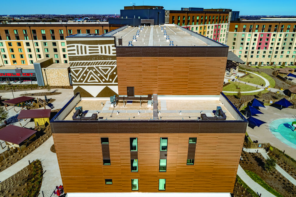 An aerial view of Kalahari Resort with fiber cement siding, tribal patterns and sidewalk paths.