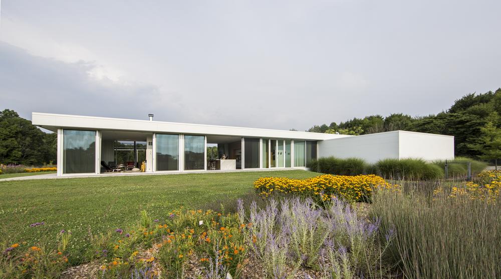 A white home with large windows and Nichiha’s Illumination fiber cement siding in front of a field of wildflowers.
