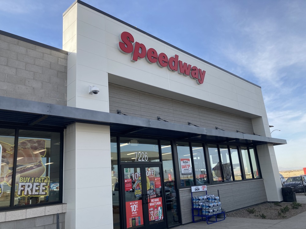 A close-up shot of Speedway convenience store with the logo in red and Nichiha’s fiber cement cladding.