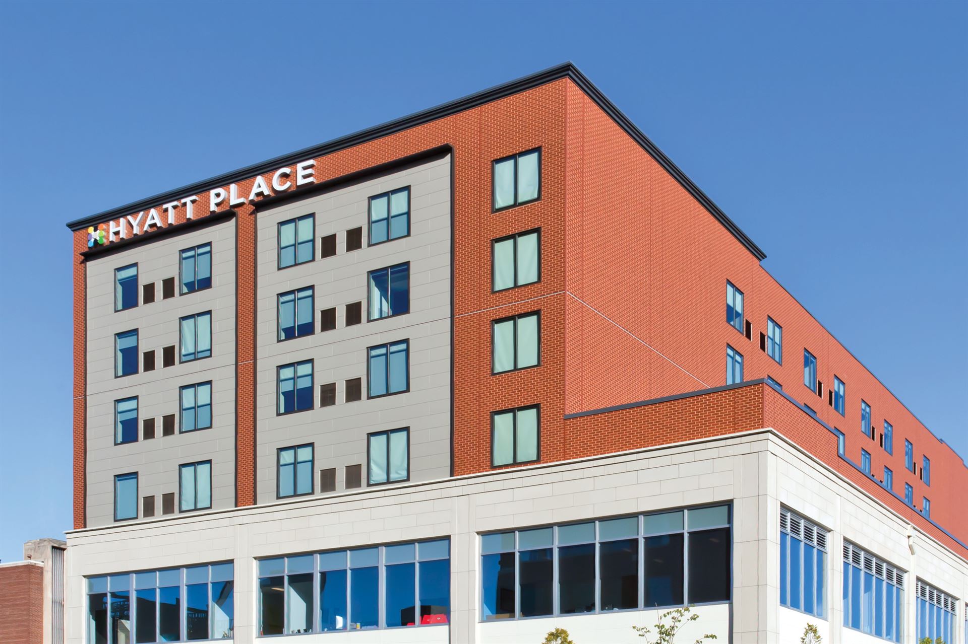 Front of Hyatt Place in Michigan with PlymouthBrick