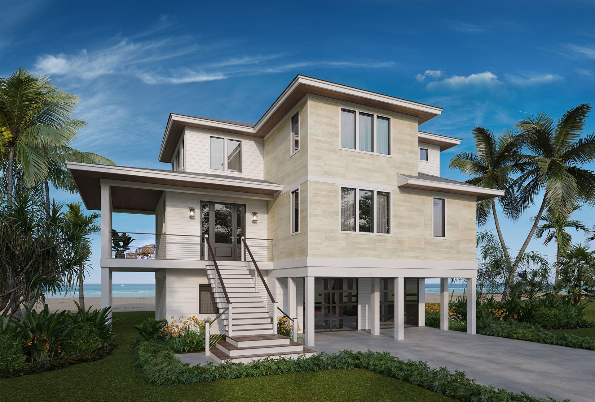 single family home on the beach with coastal Natura panels and white Latura V-Groove panels from Nichiha