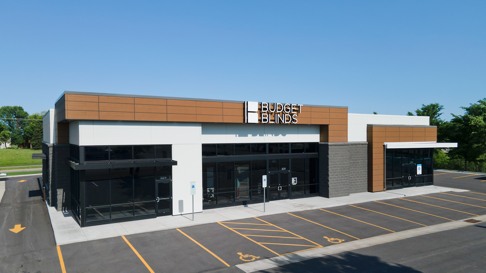 Budget Blinds retail space with RiftSawn pecan and Ribbed architectural wall panels